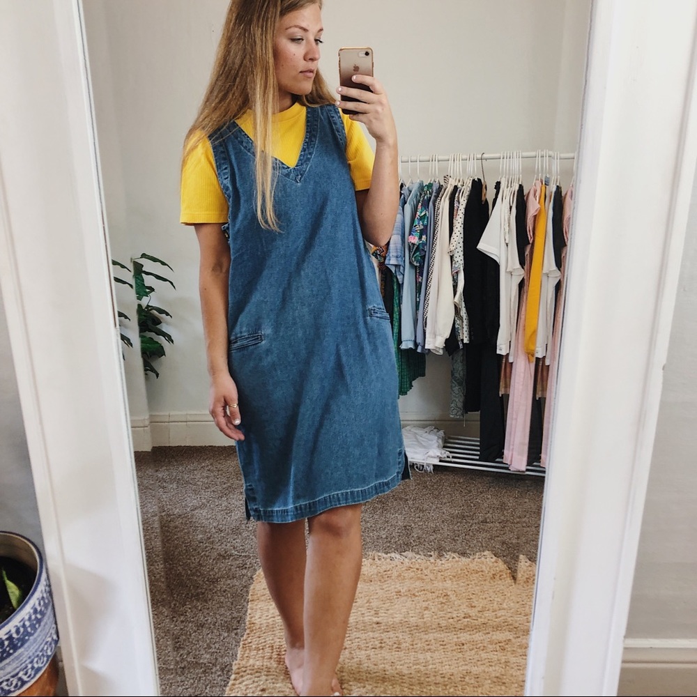 Vintage • 90s Jean Overall Dress with Pockets